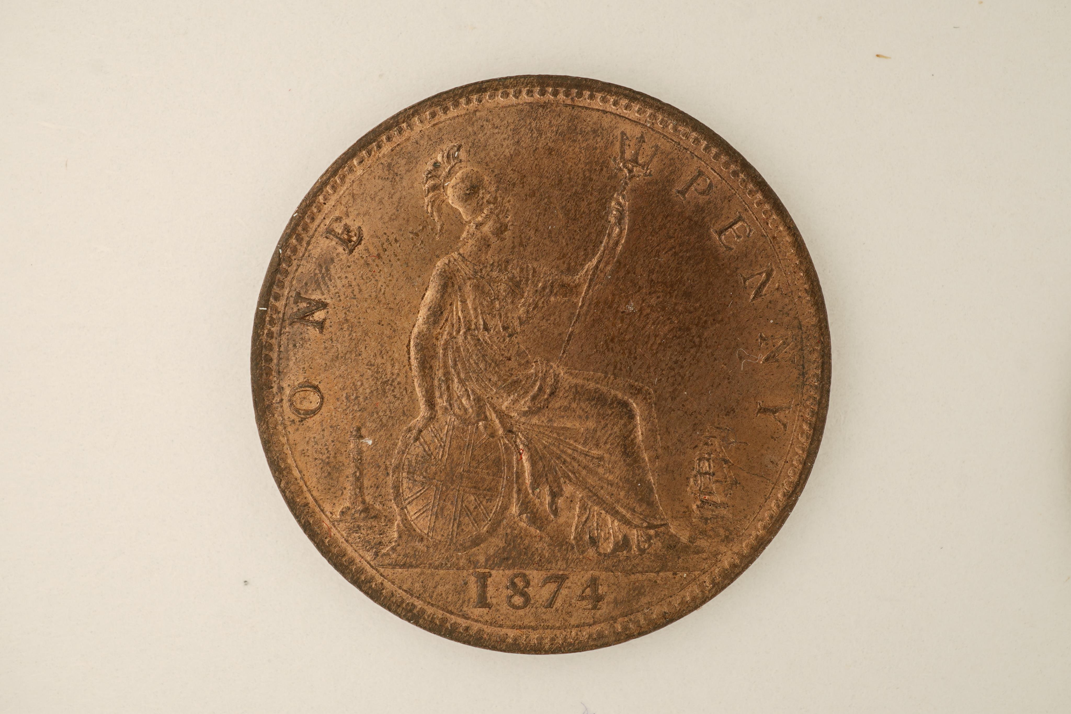 British coins, Victoria, two bronze pennies;, 1874, older head, small date, Fr. 72, Gouby dies K/j, about UNC, much lustre., 1875, Fr. 82, Gouby dies L/k, about UNC, much lustre.